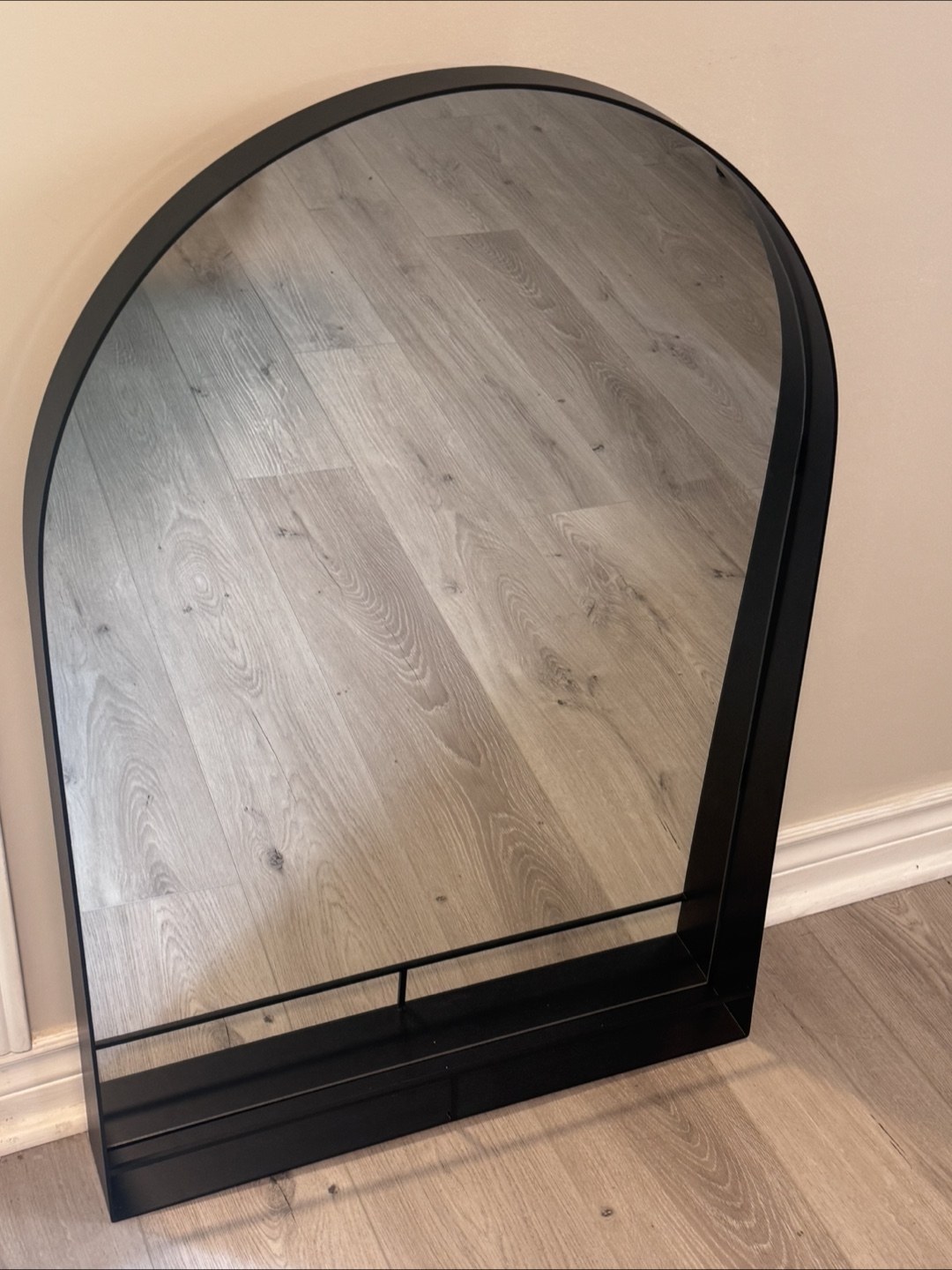 Arch-Shaped Black Metal Mirror with Shelf