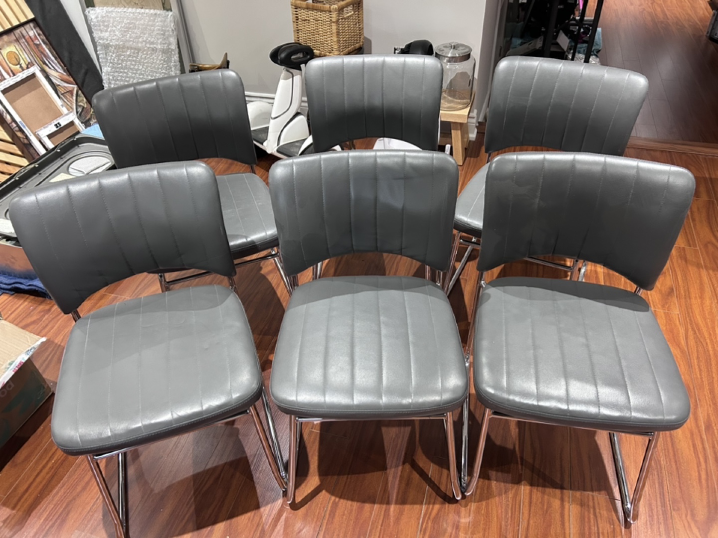 Six Grey Structube Dining Chairs with Chrome Legs