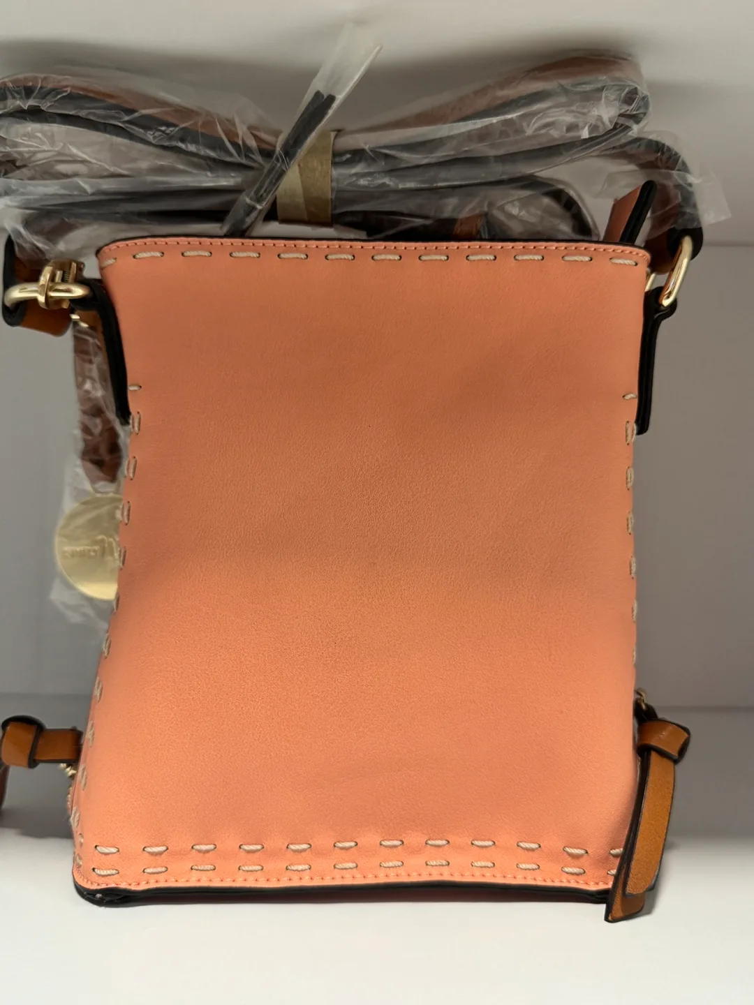 NWT Peach Crossbody Bag with Contrast Stitching image indicator(2)