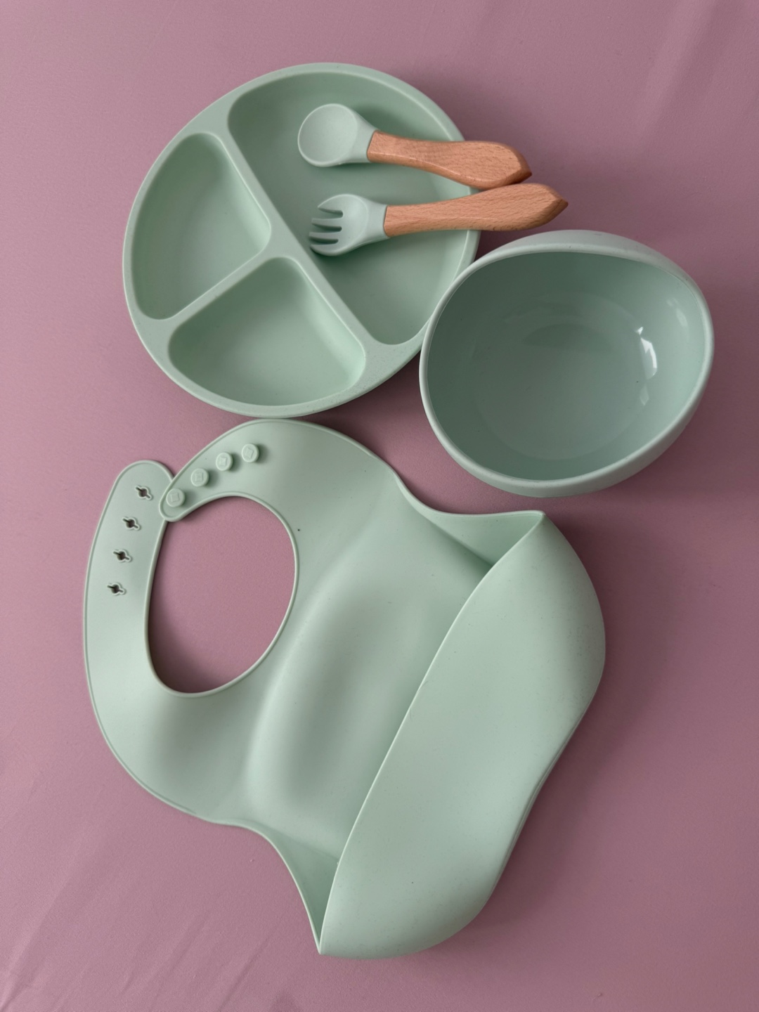 Baby Silicone Plate, Bowl, Bib, and Utensil Set - Mint Green