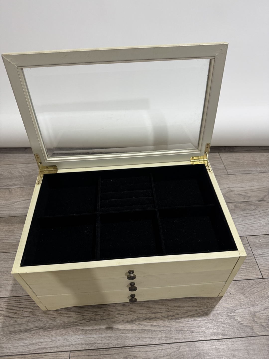 Vintage Wooden Jewelry Box with Glass Top and Drawers - photo 3