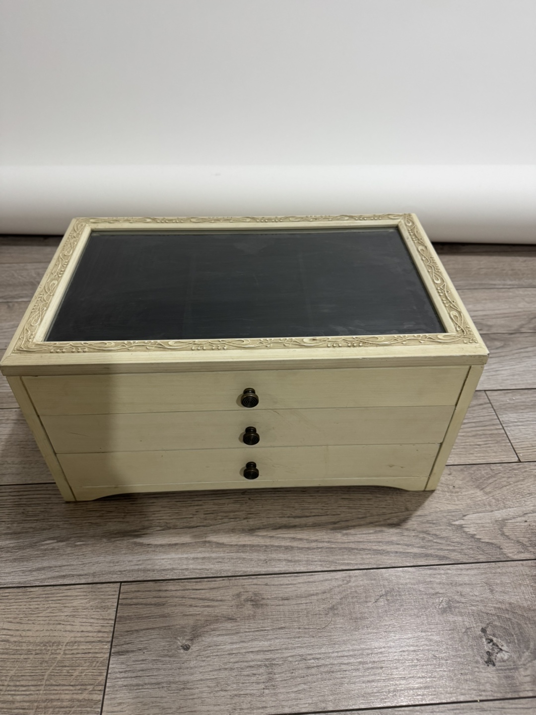 Vintage Wooden Jewelry Box with Glass Top and Drawers