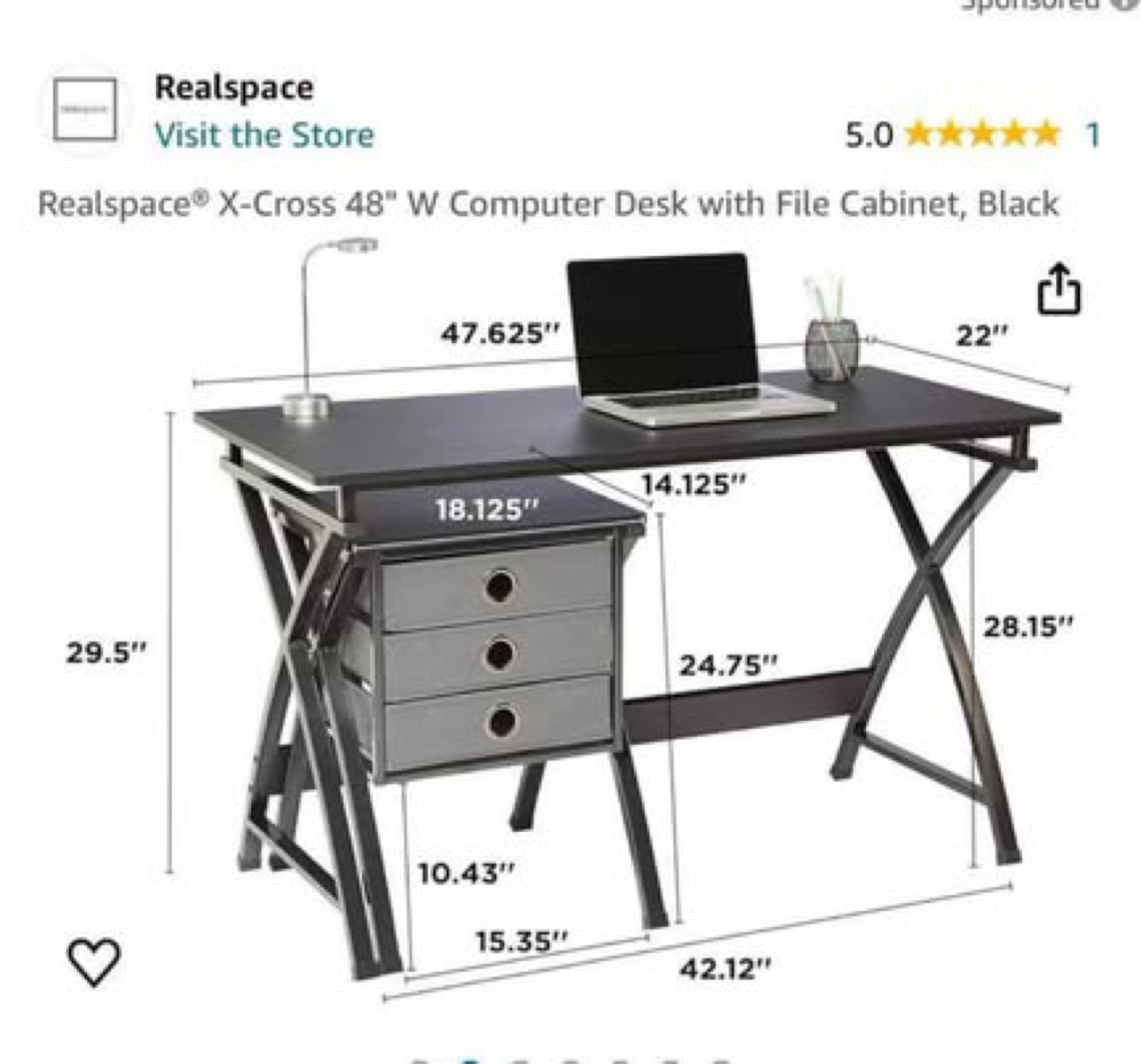 Realspace X-Cross 48" Computer Desk with File Cabinet - Black