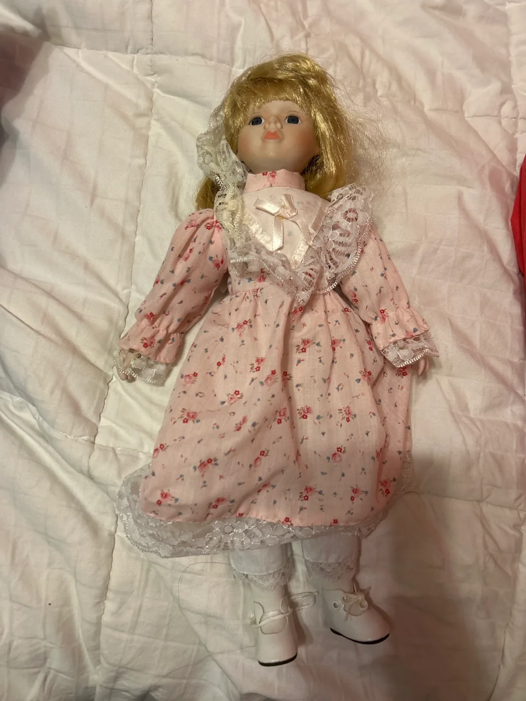 Vintage Porcelain Doll in Pink Dress thumbnail