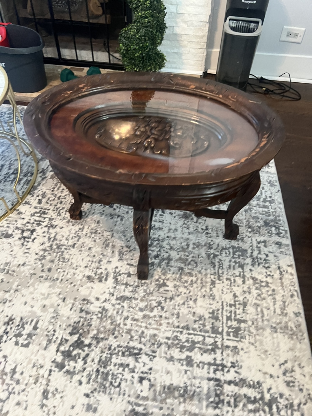 Ornate Wooden Coffee Table with Glass Top