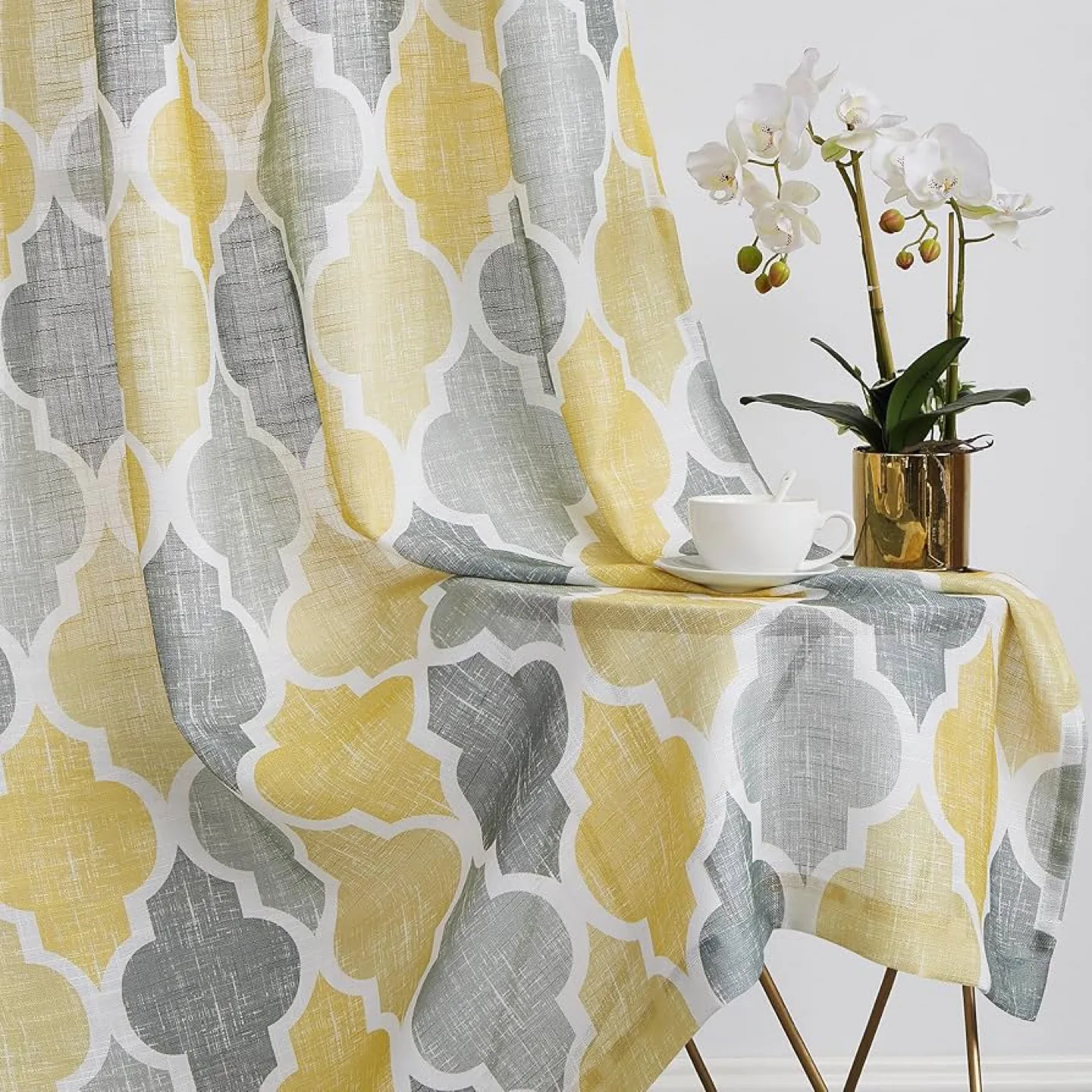 New Moroccan Tile Print 84 x 50 Linen Semi Sheer Curtain image indicator(7)