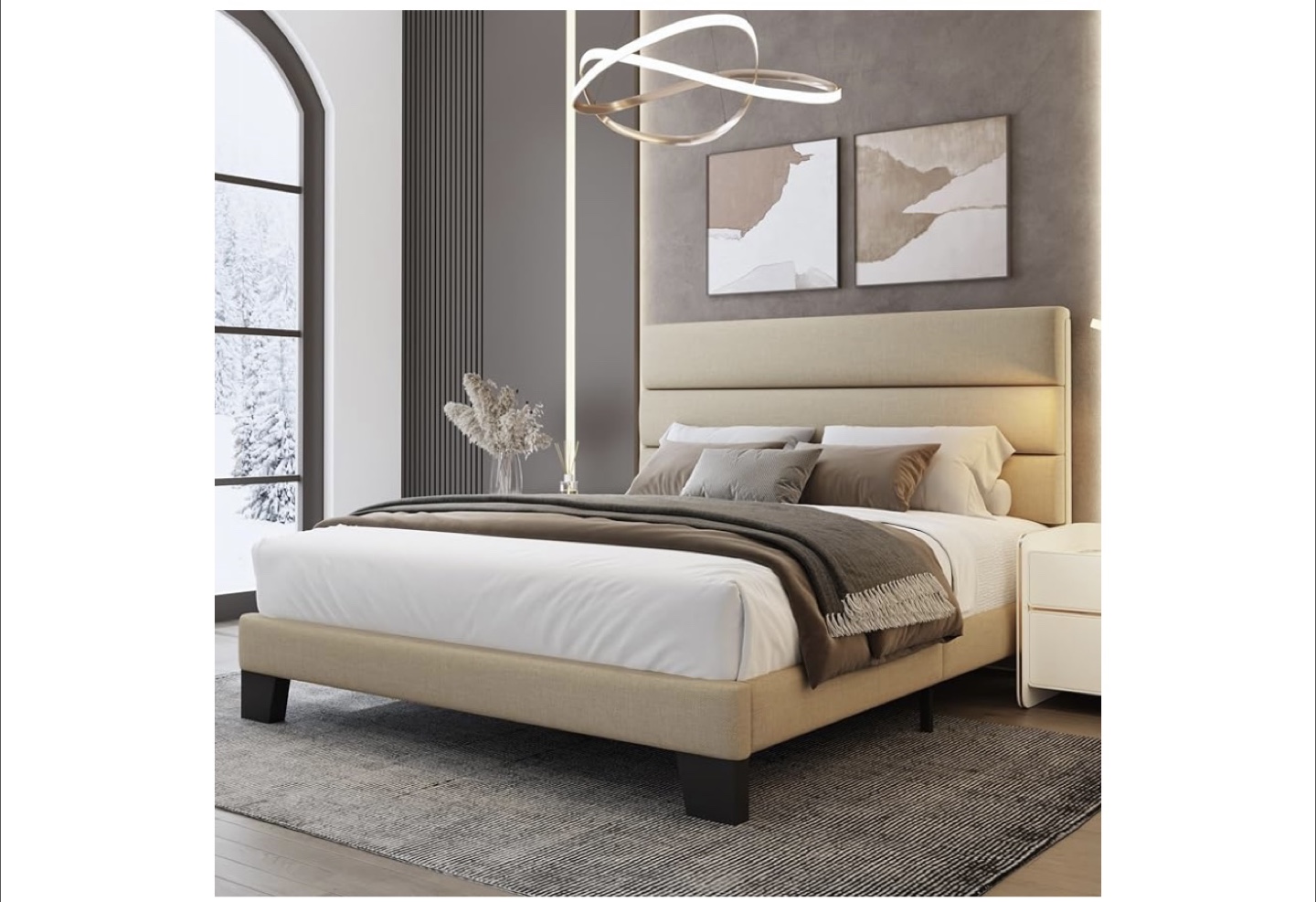 Queen Upholstered Platform Bed Frame Beige - photo 2