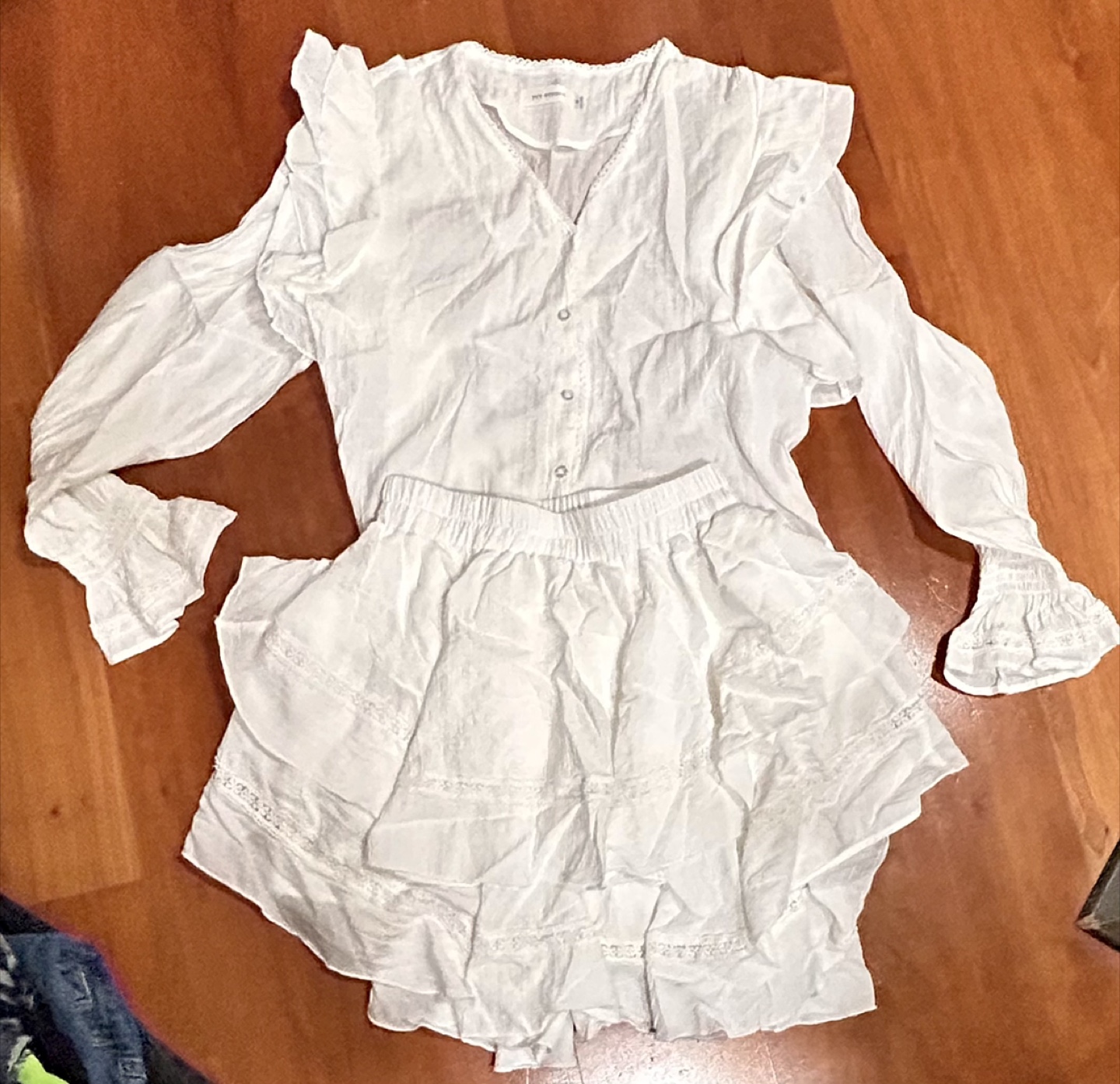 White eyelet ruffle blouse and skirt set