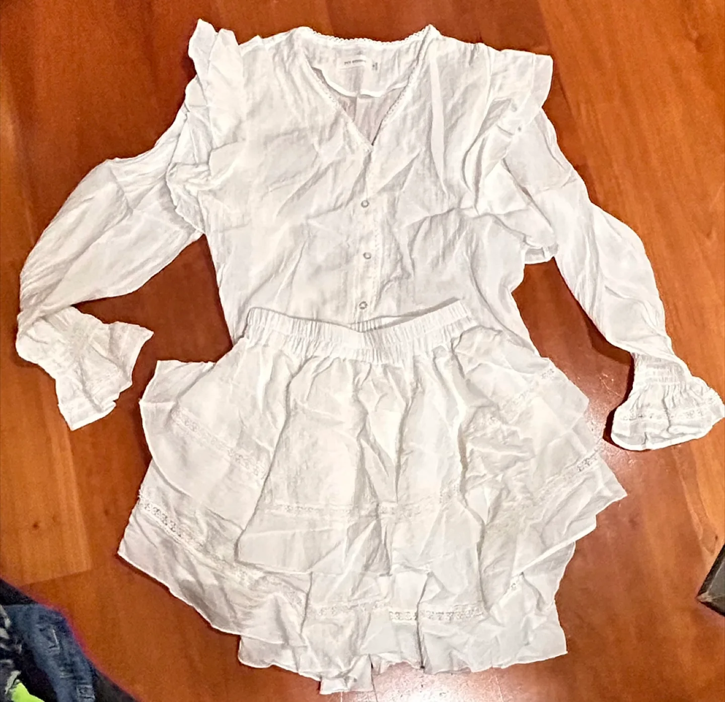 White eyelet ruffle blouse and skirt set thumbnail