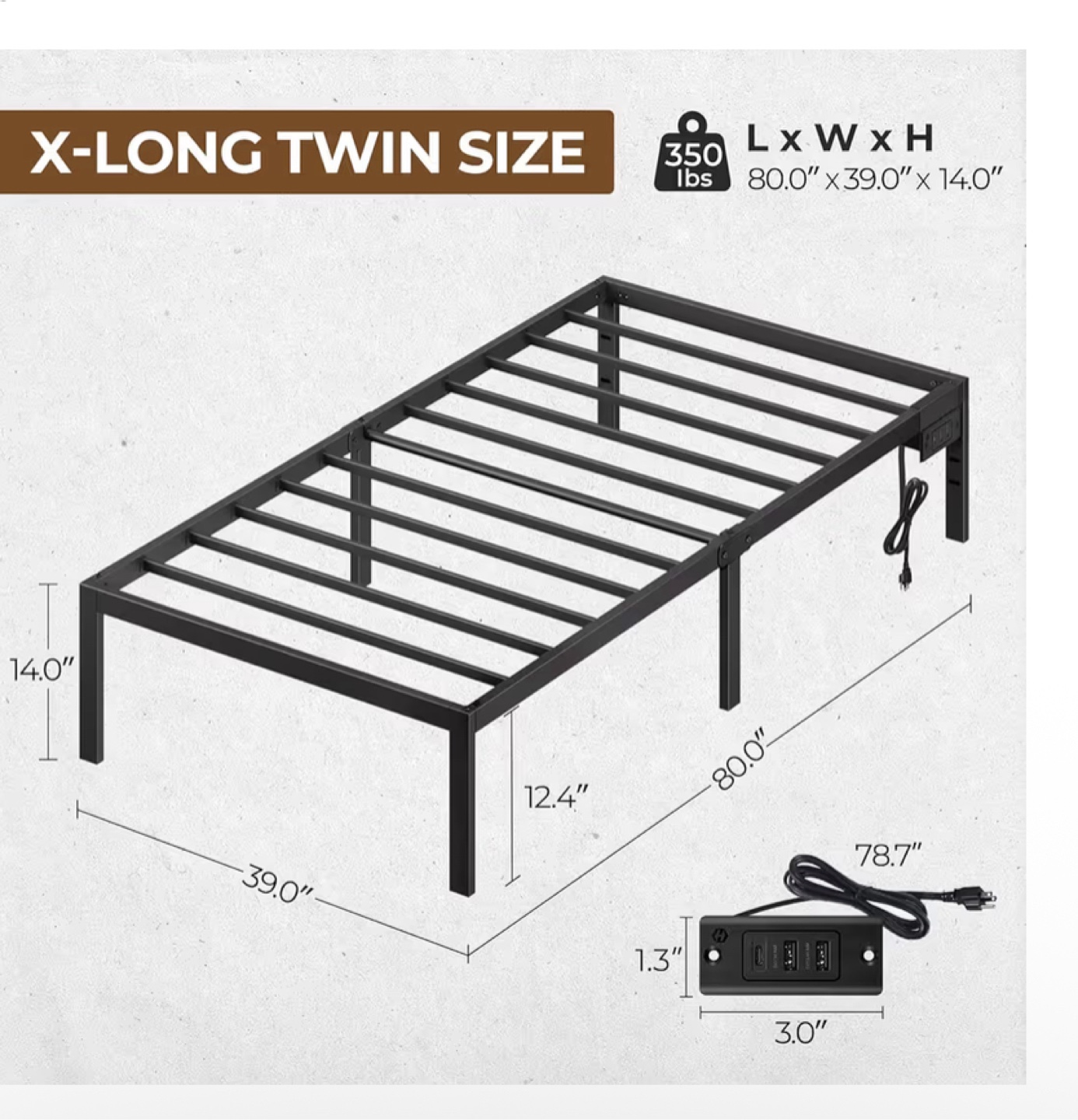 X-Long Twin Metal Bed Frame with Outlets