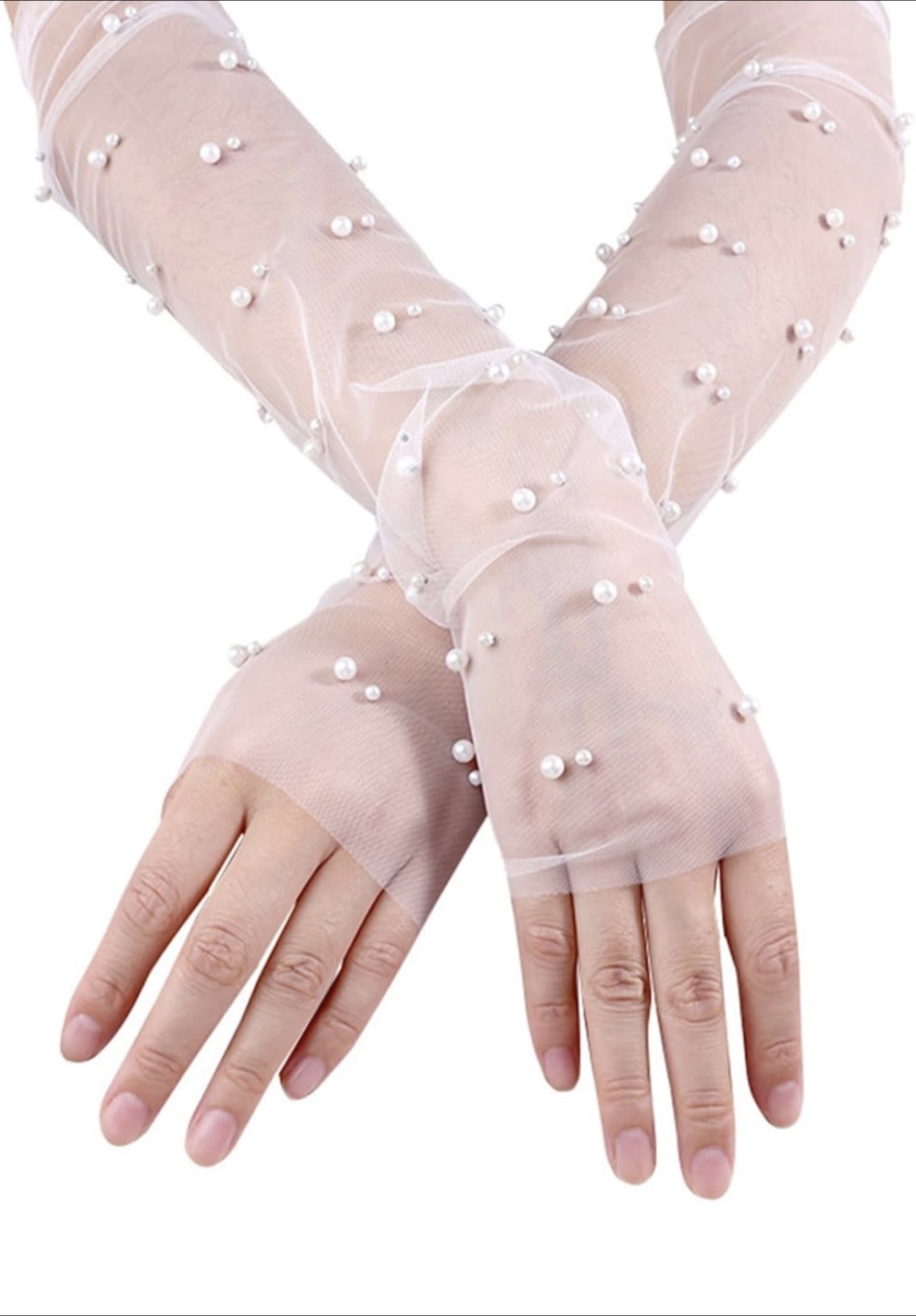 Bridal - Elegant Pearl Embellished Mesh Gloves - photo 2