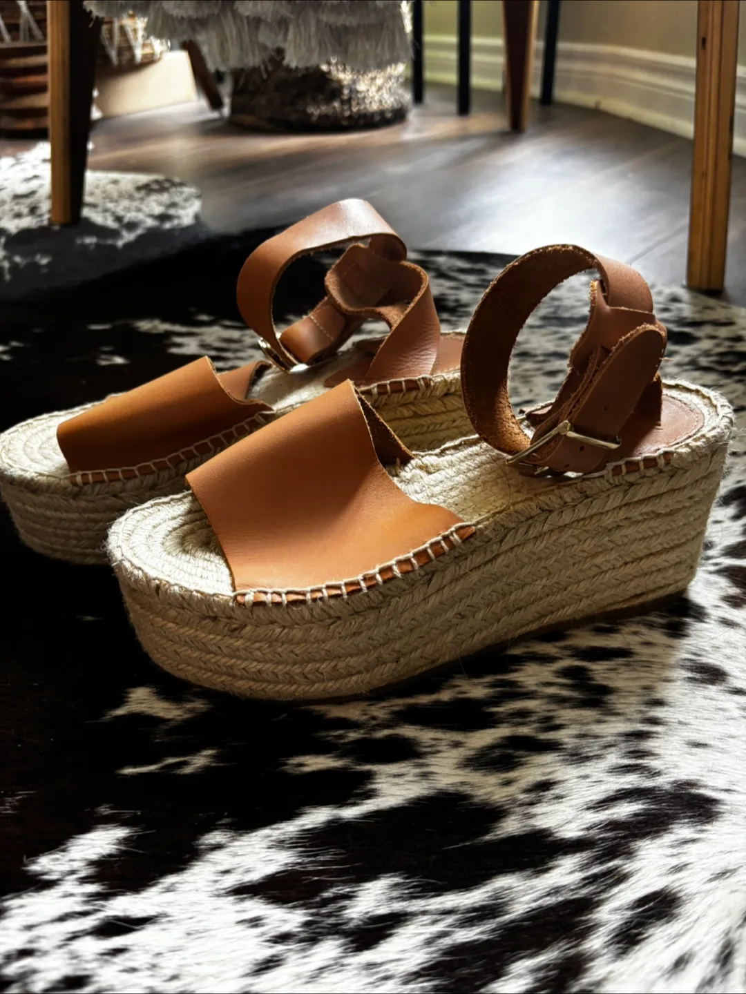 Cognac-Tan Leather Espadrille Platform Sandals 6-6.5 image indicator(2)