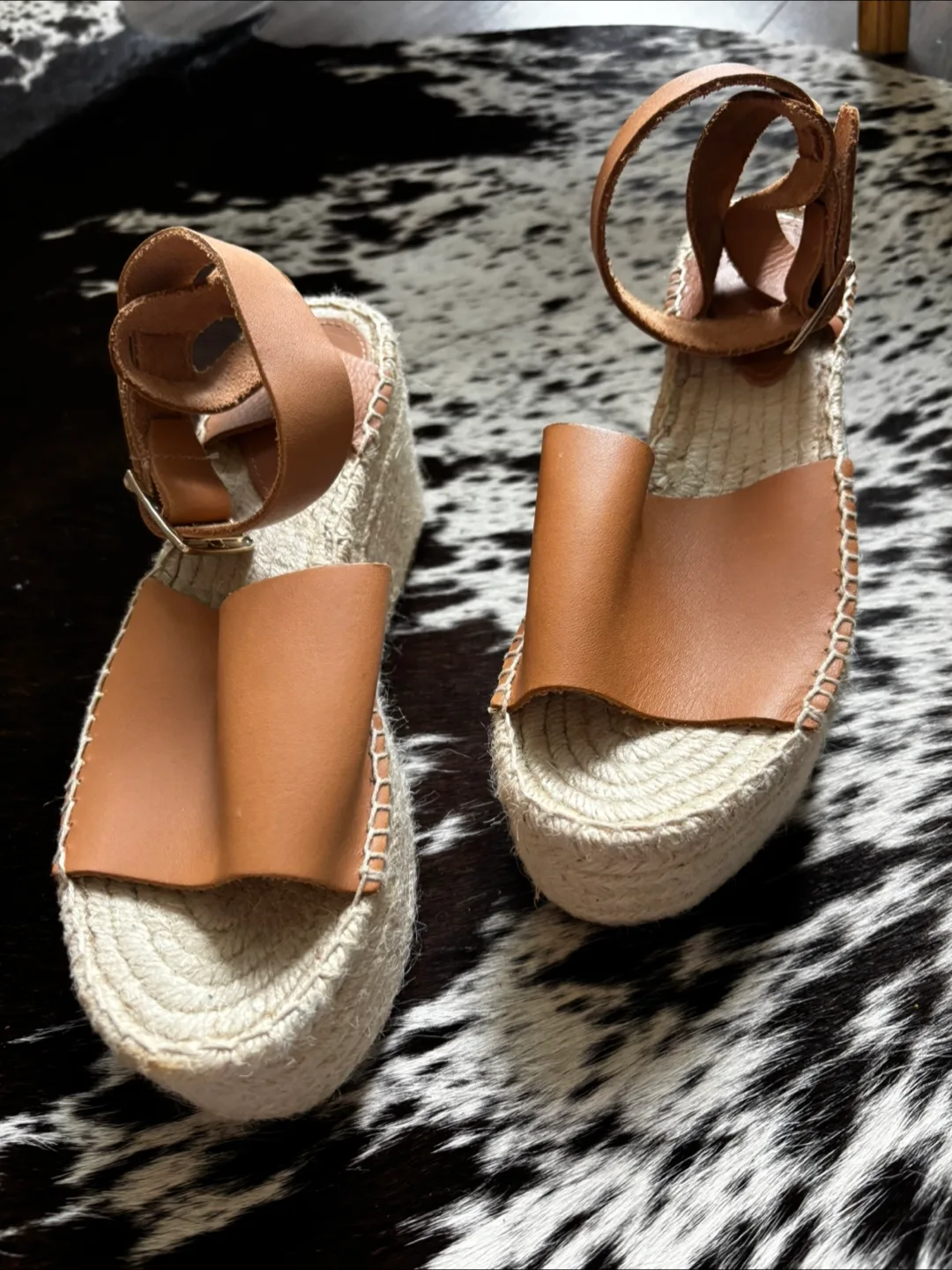 Cognac-Tan Leather Espadrille Platform Sandals 6-6.5 image indicator(3)