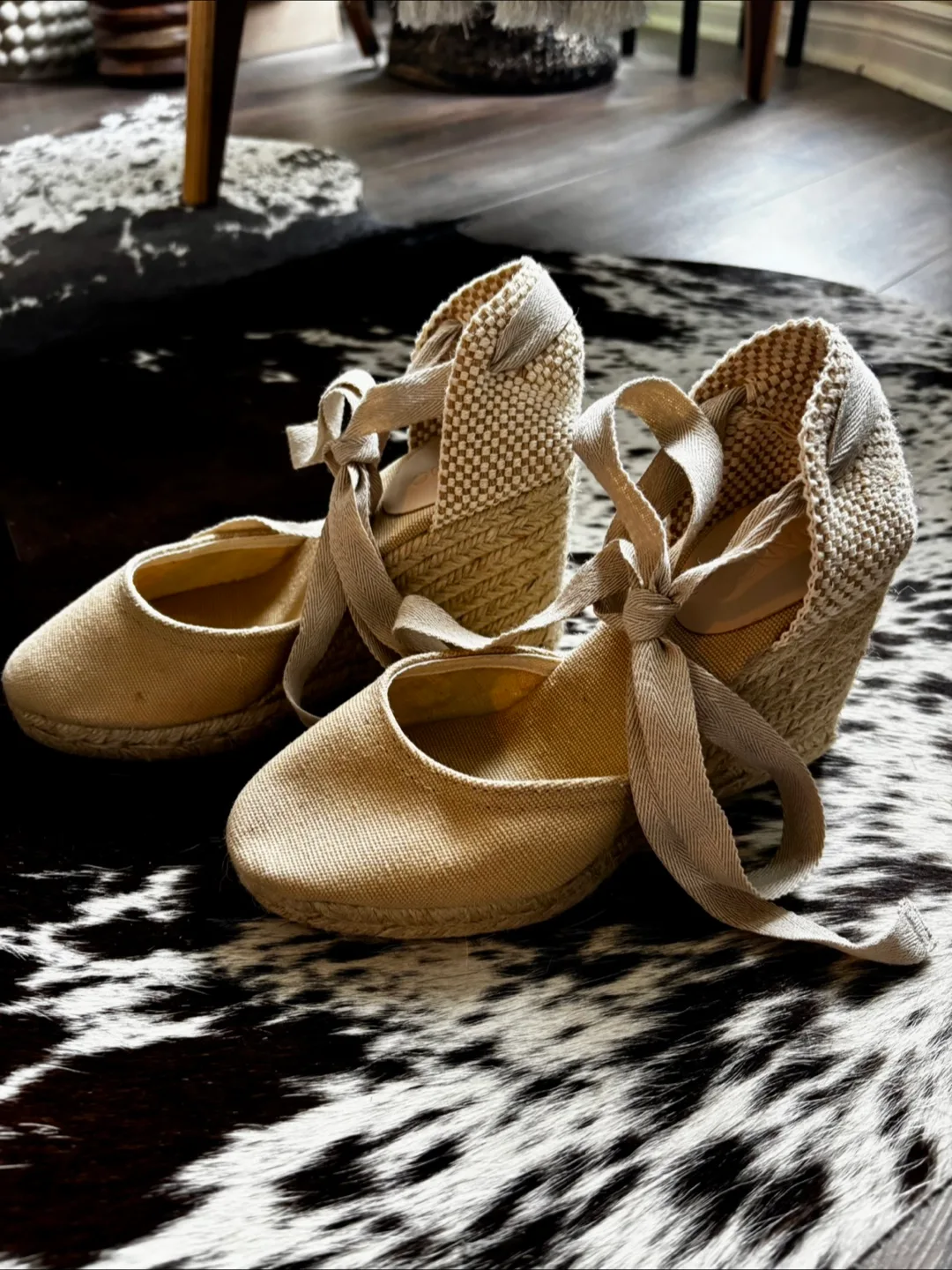 Beige Canvas Espadrille Wedges with Ribbon Ties 6 image indicator(3)