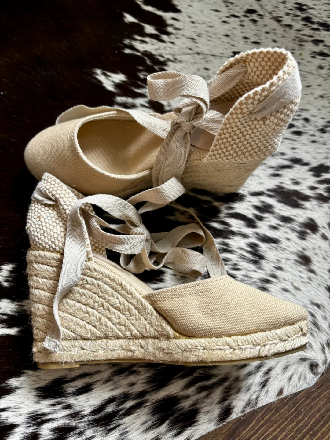 Beige Canvas Espadrille Wedges with Ribbon Ties 6 image indicator(2)