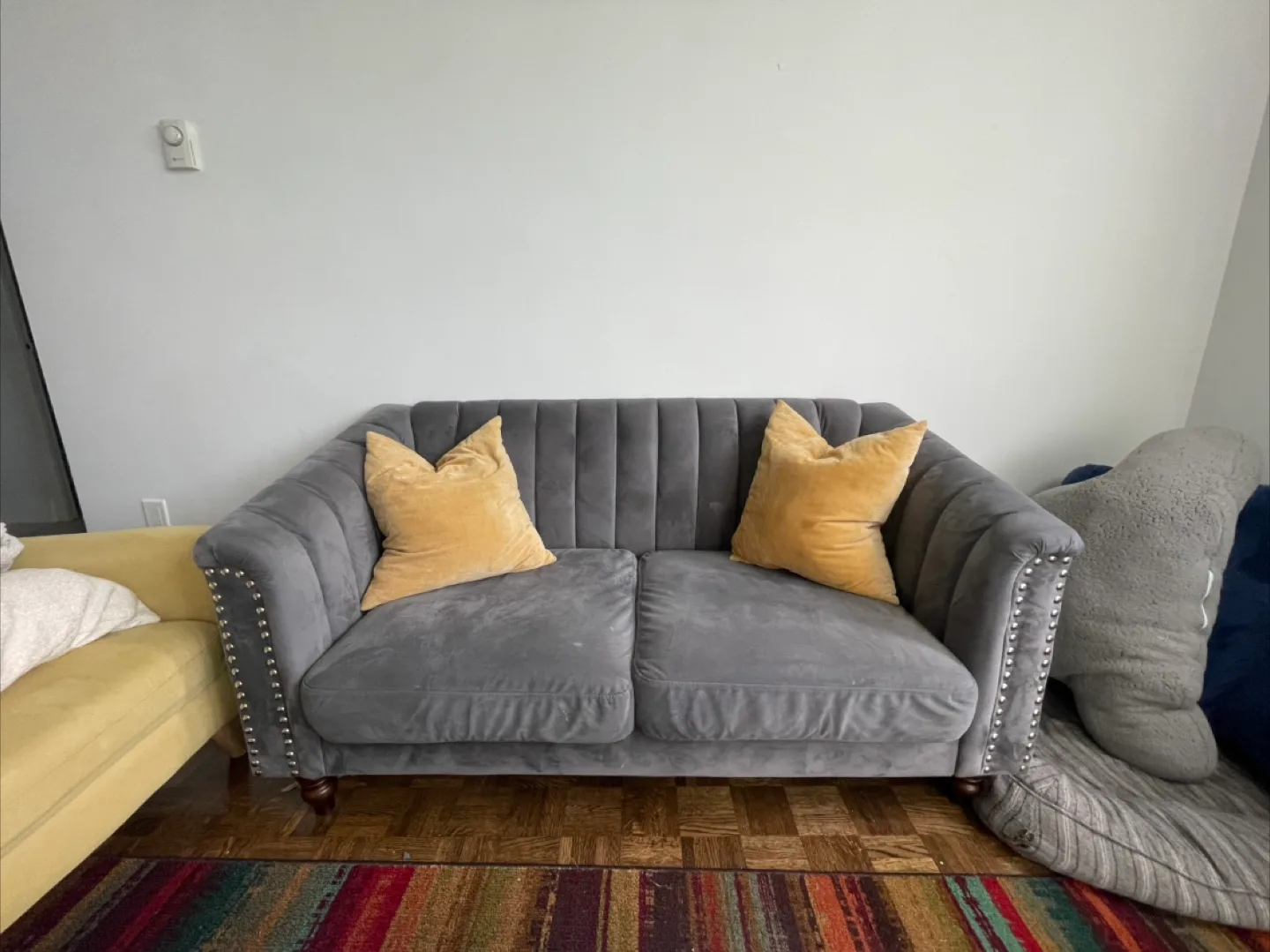 Grey Velvet Love Seat with Metal Studs thumbnail