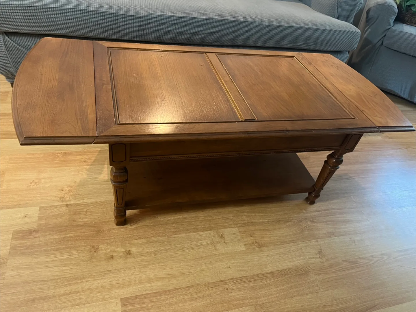Vintage Wooden Coffee Table with Metal hinged Leaf Extensions image indicator(3)