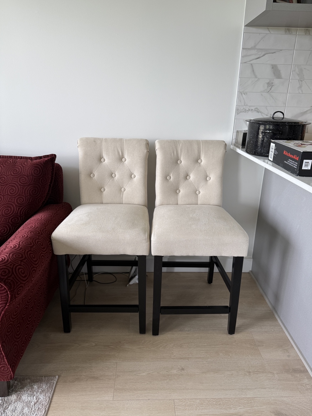 Pair of Beige Upholstered Bar Stools