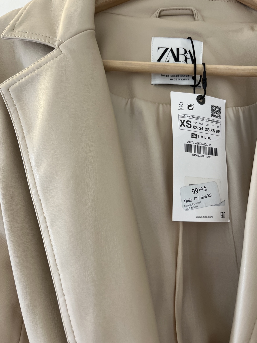 Zara Beige Faux Leather Belted Coat - Size XS - photo 3