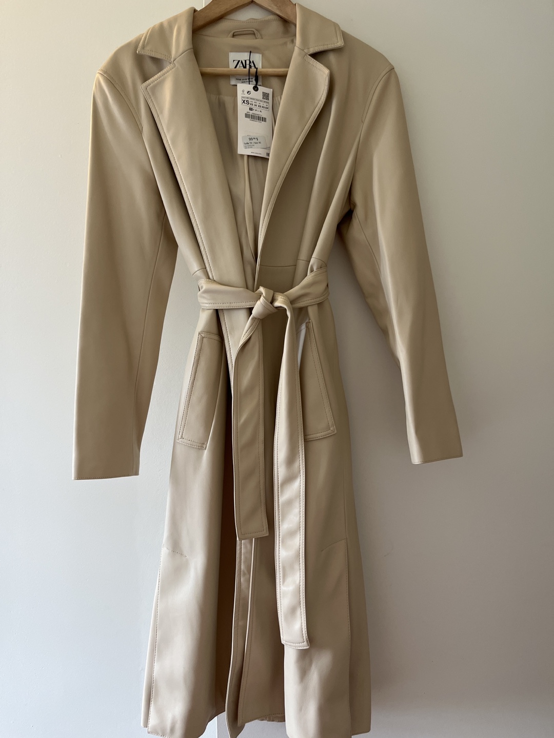 Zara Beige Faux Leather Belted Coat - Size XS