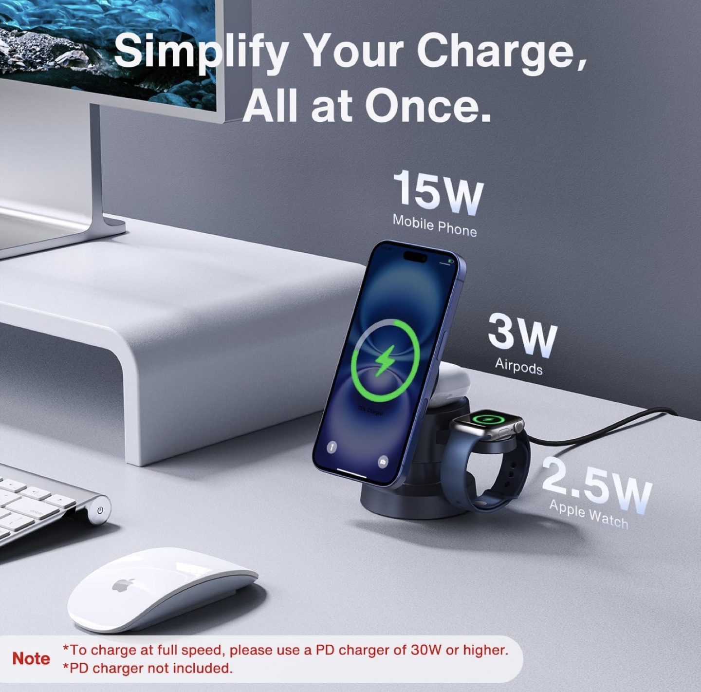 3-in-1 Wireless Charger Stand for iPhone, AirPods & Apple Watch - photo 3