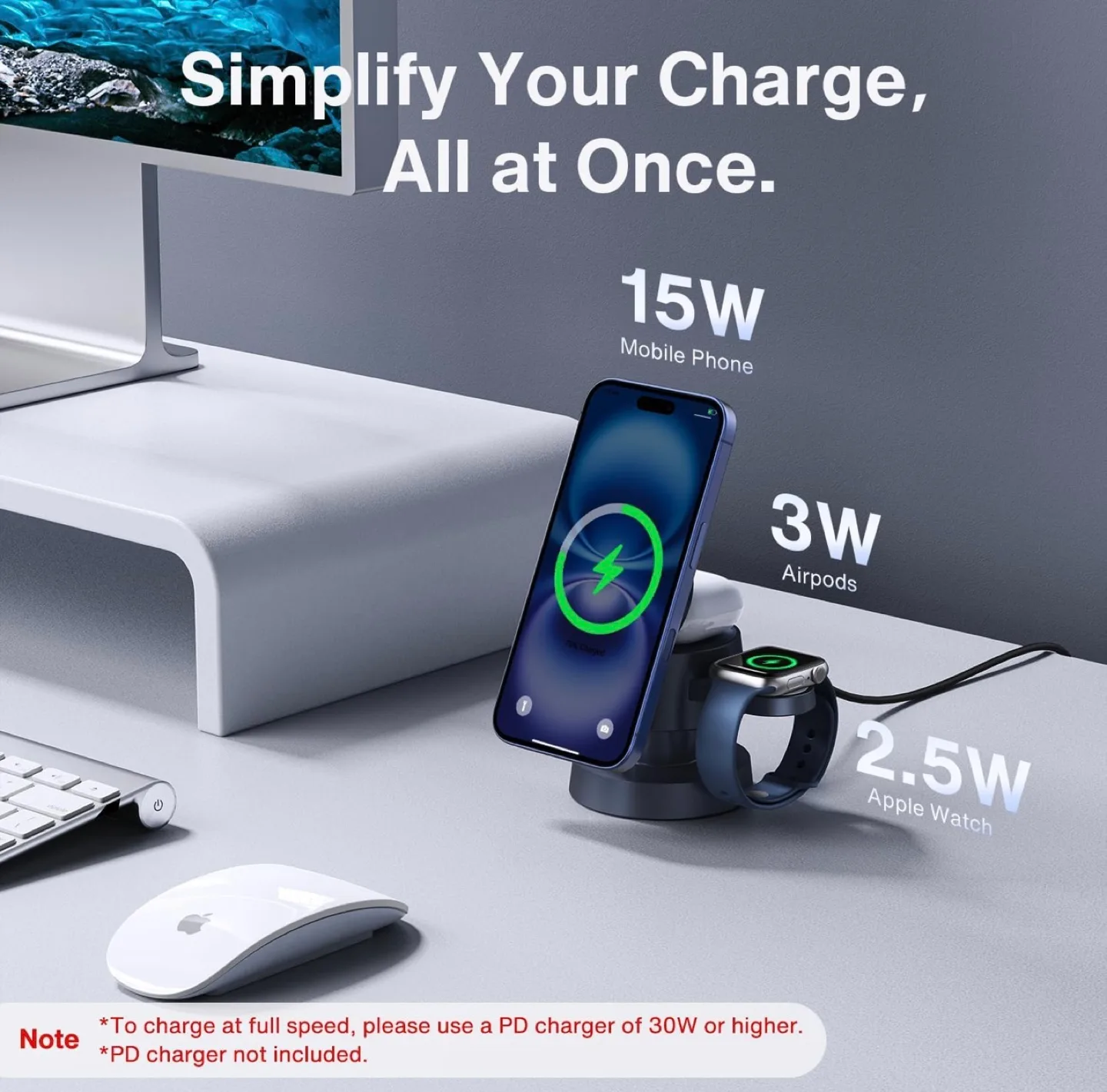 3-in-1 Wireless Charger Stand for iPhone, AirPods & Apple Watch image indicator(3)