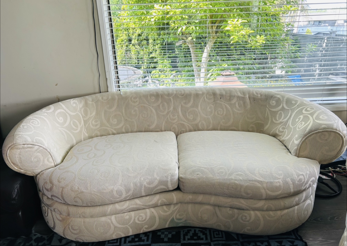 Curved loveseat, off-white fabric
