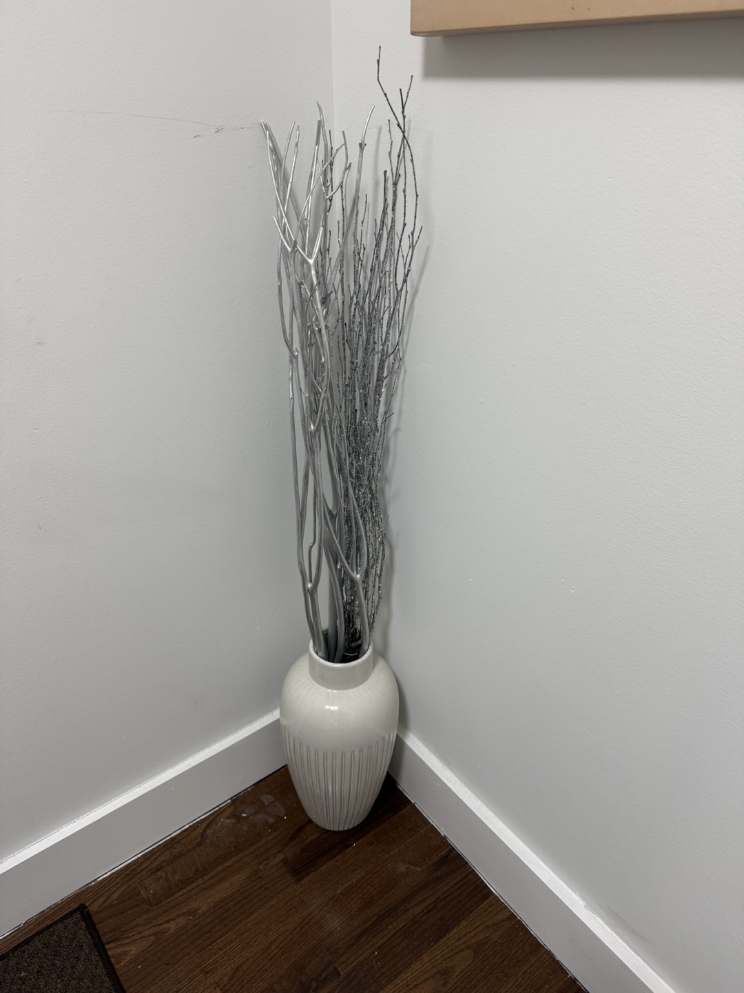 Silver Glitter Branches in White Vase