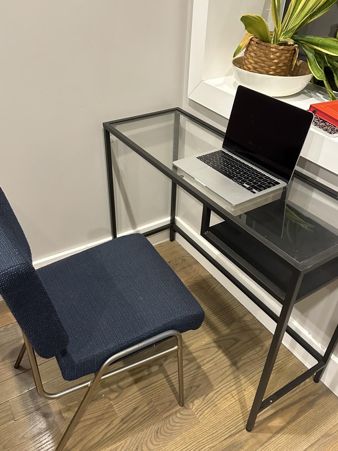 Glass Top Desk with Metal Frame and Chair
