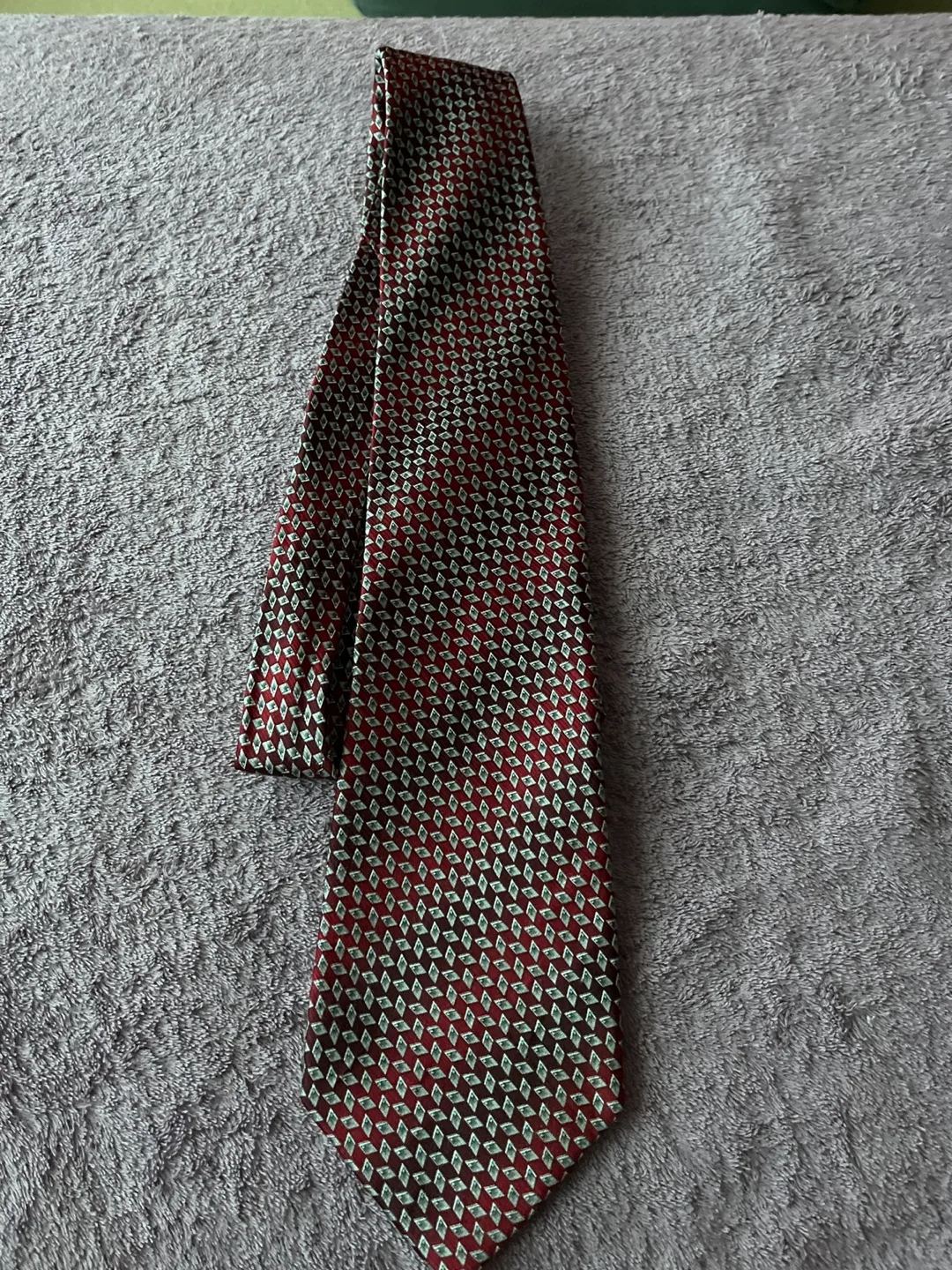Men's Red and Grey Patterned Silk Tie thumbnail