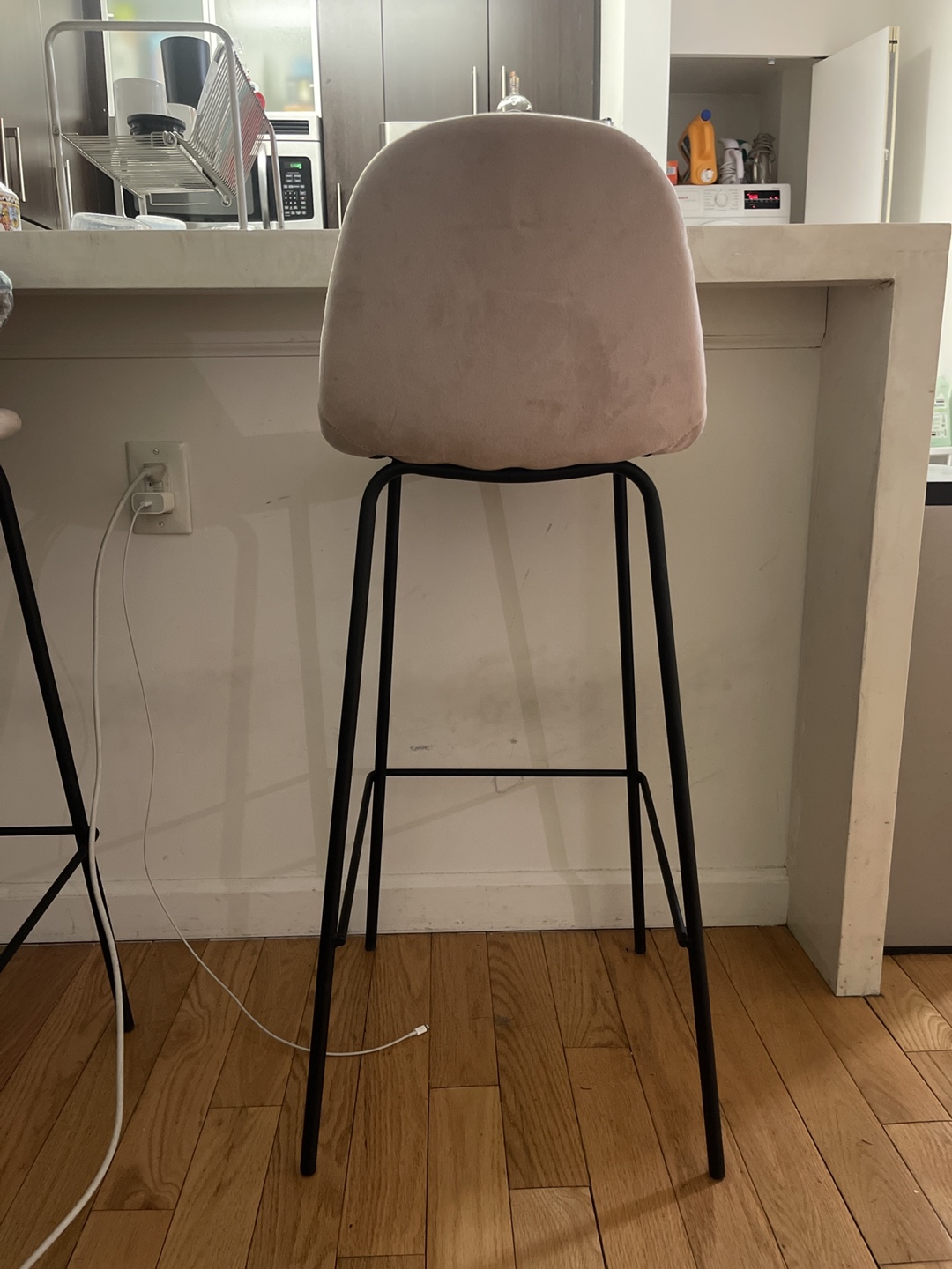 Pair of Pink Velvet Counter Stools with Black Metal Legs