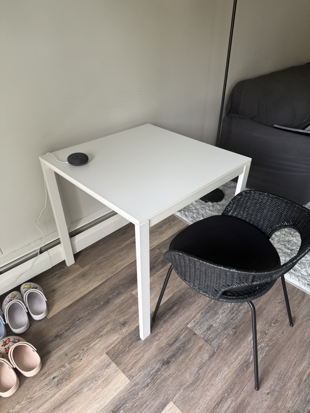 IKEA White Square Desk with Black Wicker Chair