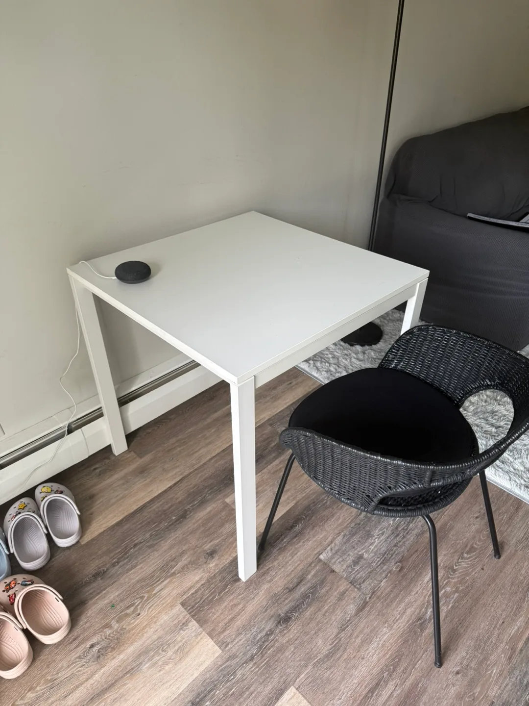IKEA White Square Desk with Black Wicker Chair thumbnail
