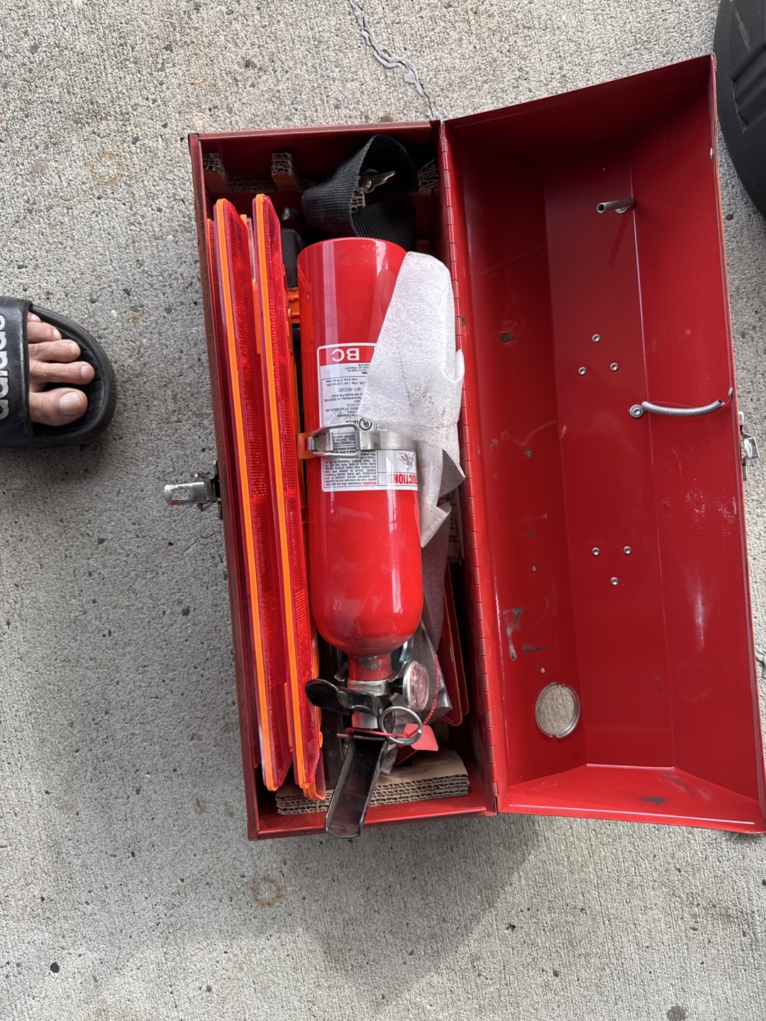 Red Fire Extinguisher Kit with Emergency Warning Triangles