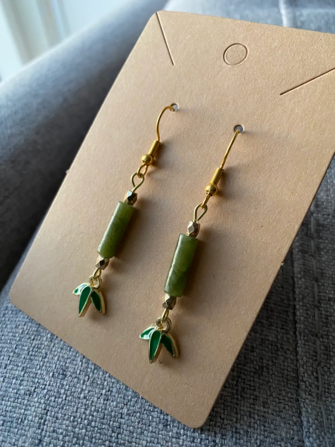 Handmade Jade Stone Bamboo Leaf Dangle Earrings thumbnail