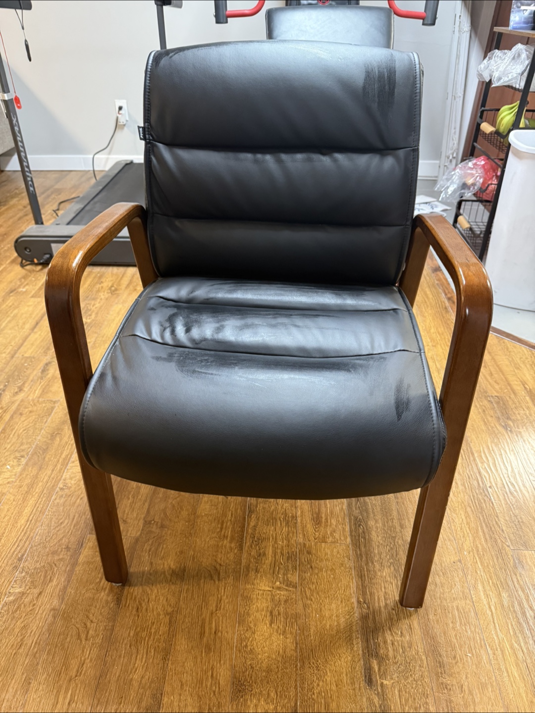 Black Leather Office Chair with Wooden Arms