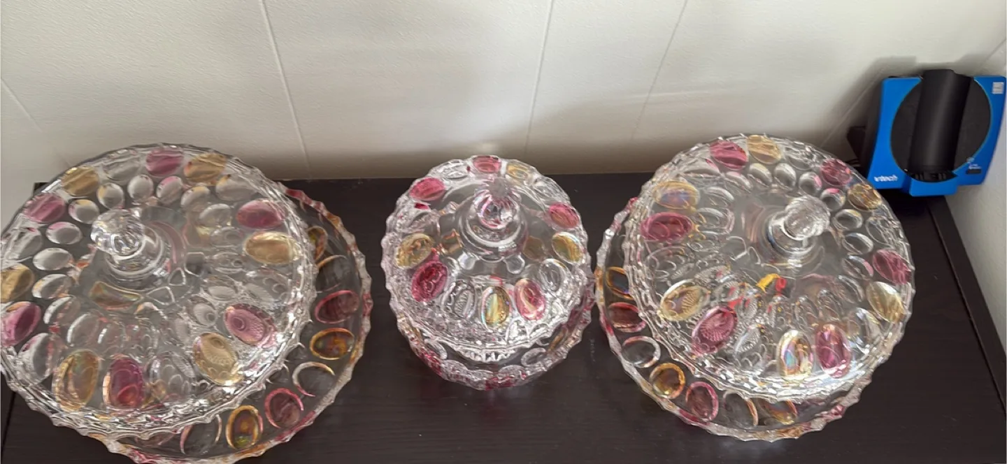 Set of Three Vintage Glass Candy Dishes with Lids image indicator(2)