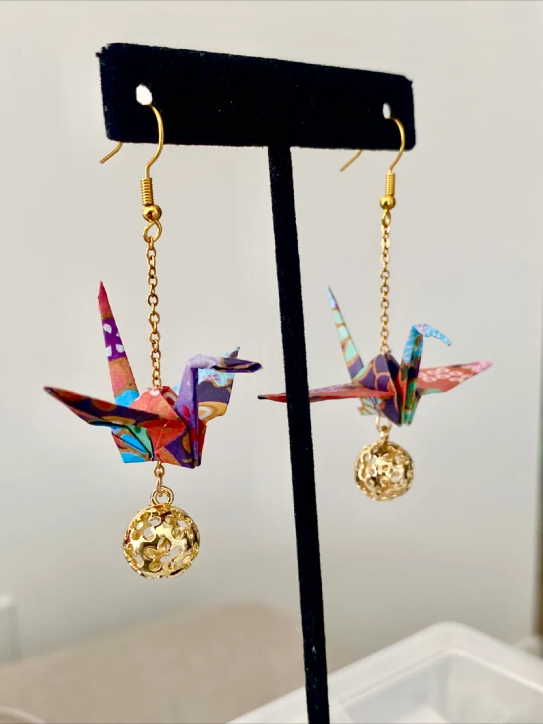 Handmade Origami Crane Earrings with Gold Accents thumbnail