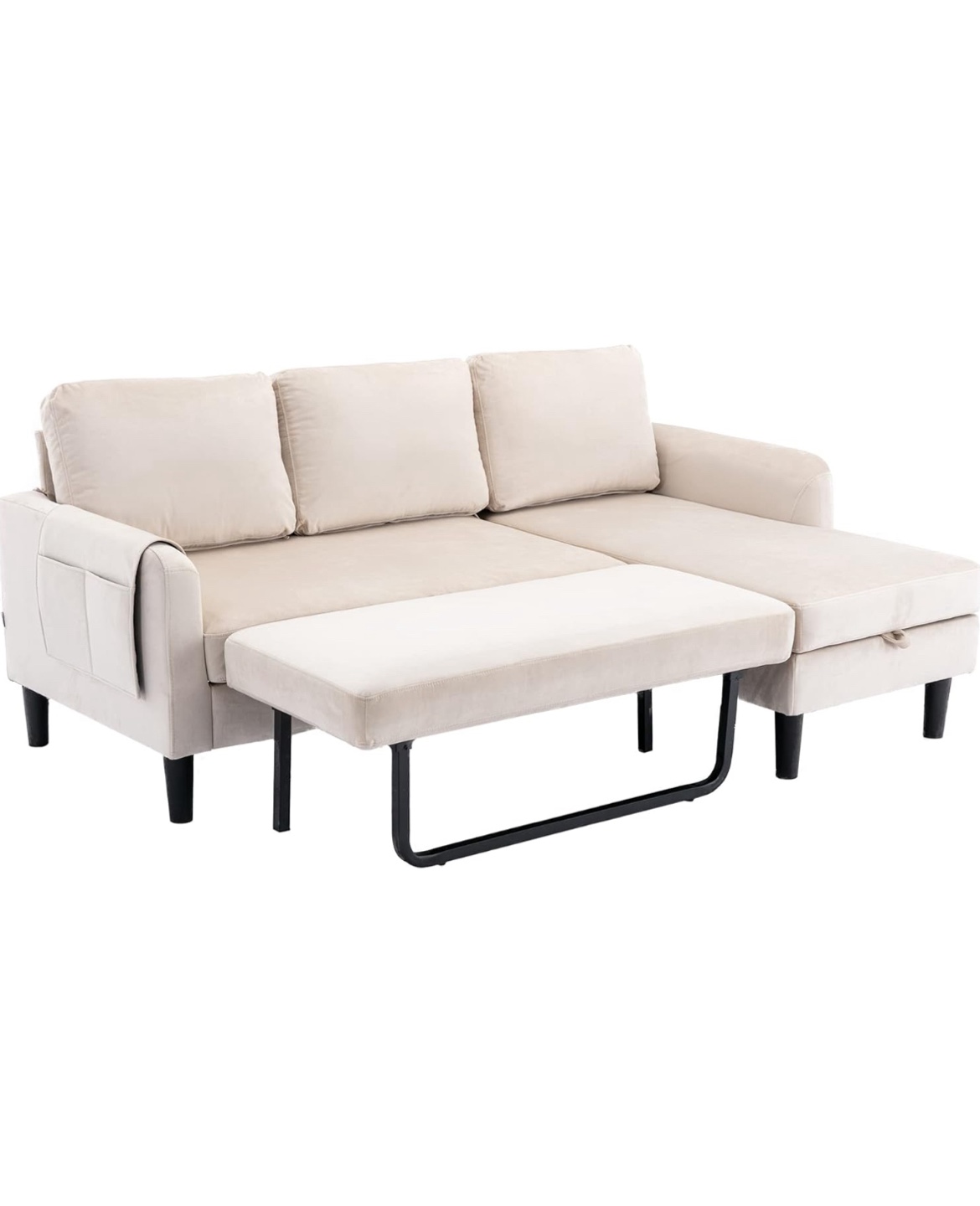 Beige Velvet Sectional Sleeper Sofa with Storage - photo 3