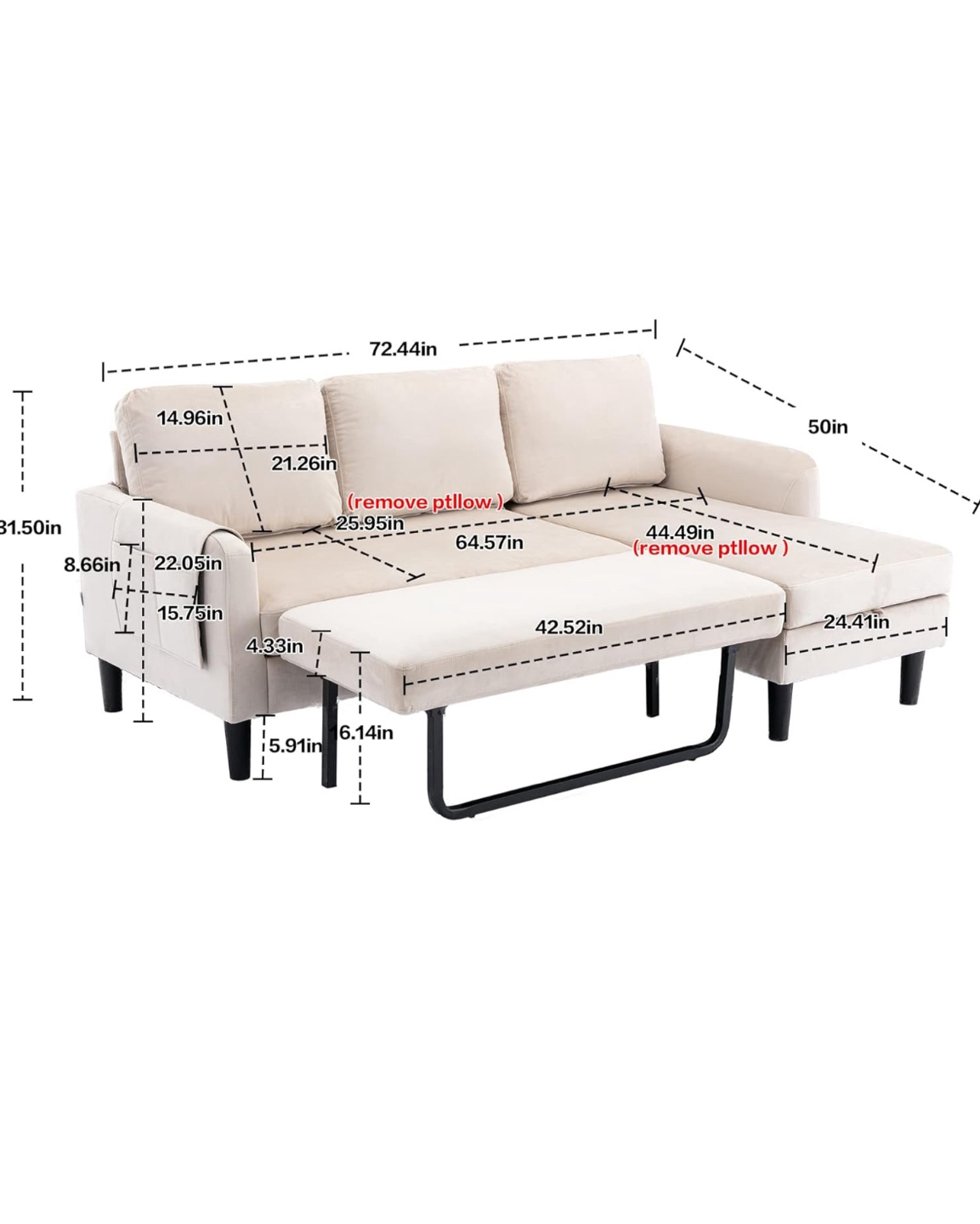 Beige Velvet Sectional Sleeper Sofa with Storage - photo 5
