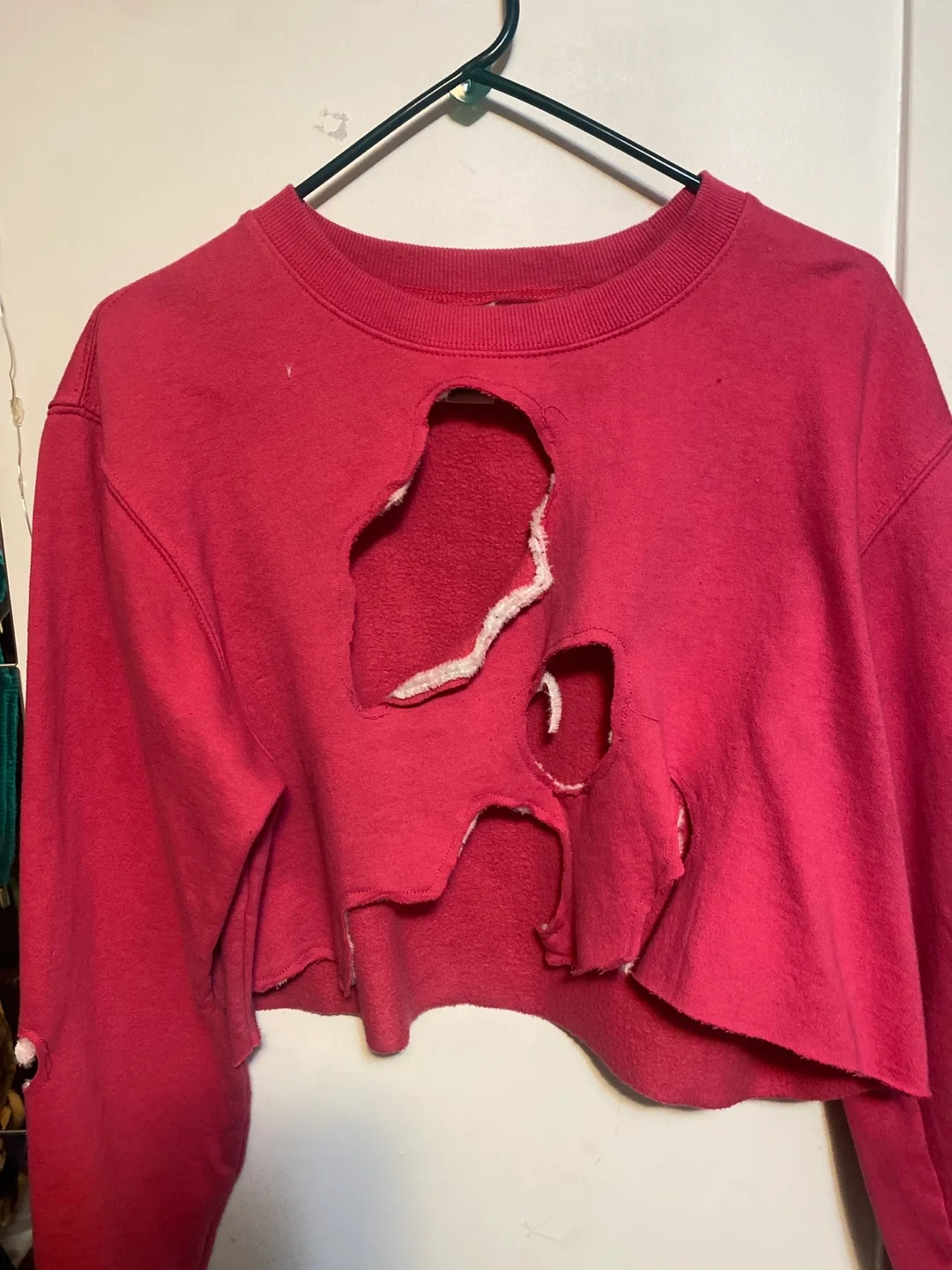 Pink Cropped Distressed Sweatshirt thumbnail