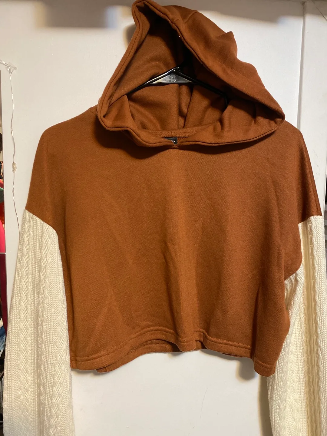 Brown and Cream Cropped Hoodie Sweater Size Small thumbnail
