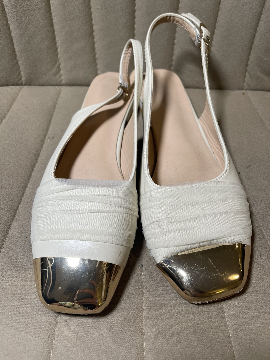 Women's White Slingback Flats with Gold Toe Cap