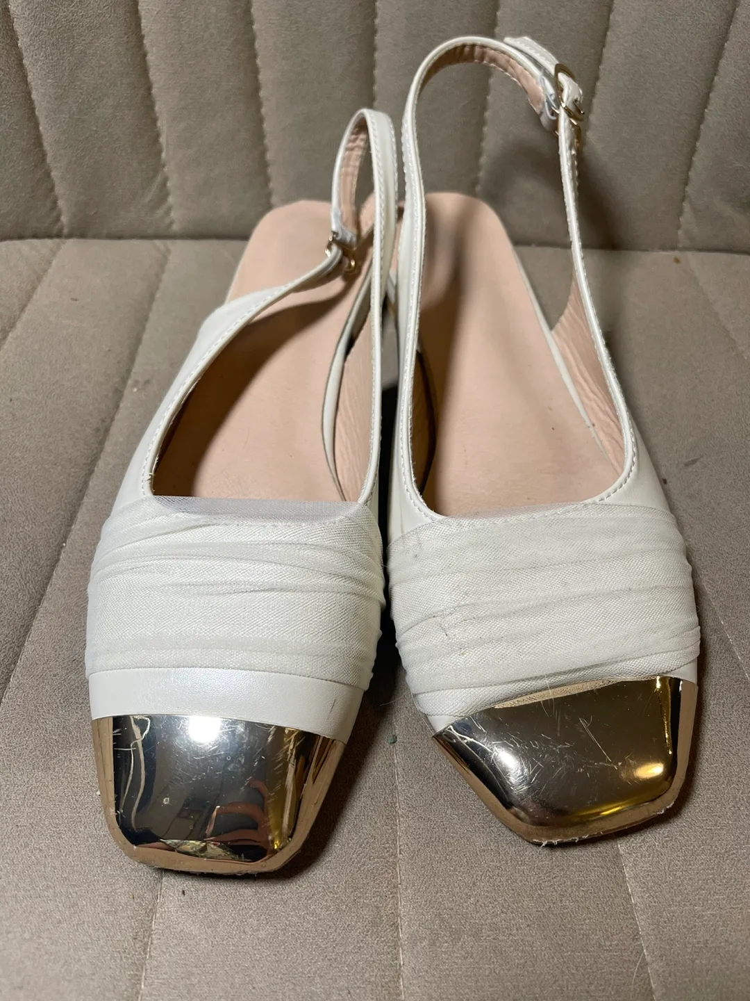 Women's White Slingback Flats with Gold Toe Cap thumbnail