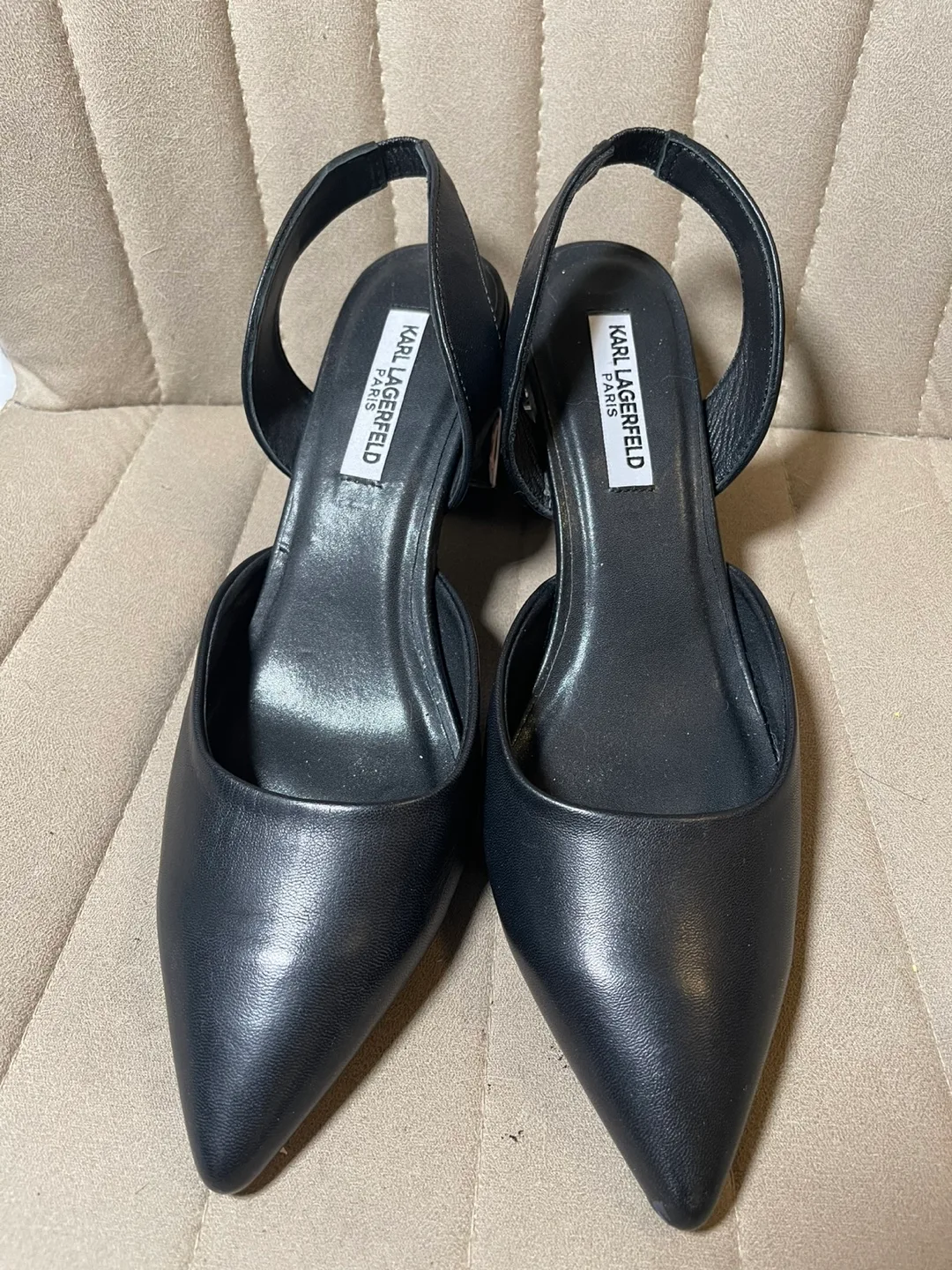Karl Lagerfeld Black Leather Slingback Heels thumbnail