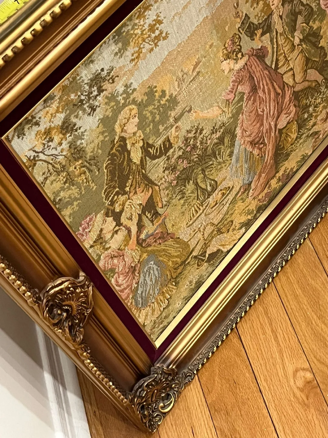 Large Antique-Style Tapestry Wall Hanging in Ornate Gold Frame image indicator(2)