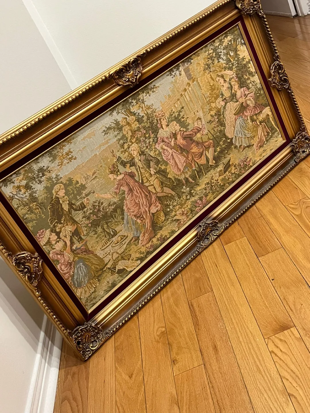 Large Antique-Style Tapestry Wall Hanging in Ornate Gold Frame thumbnail