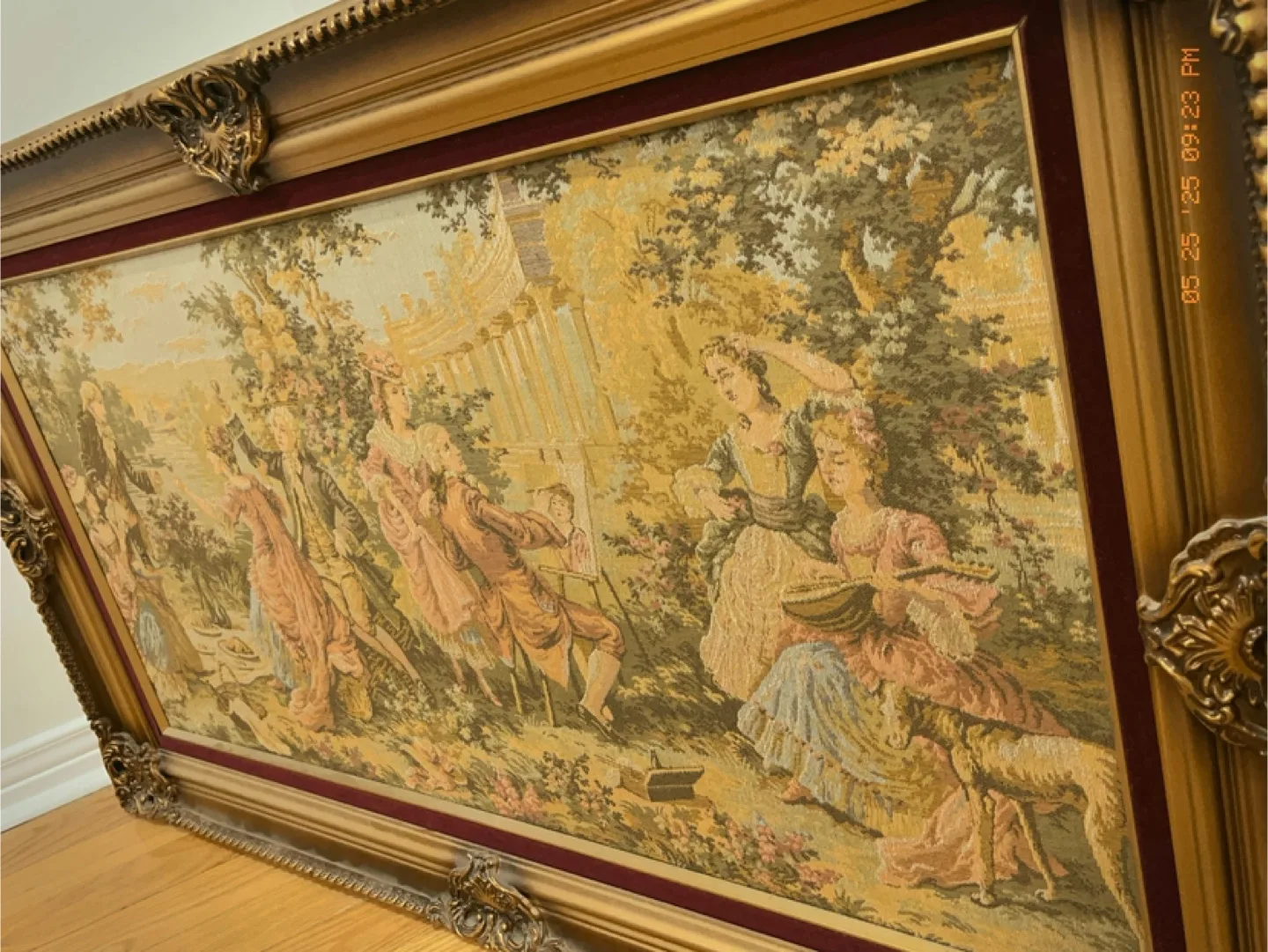 Large Antique-Style Tapestry Wall Hanging in Ornate Gold Frame image indicator(3)