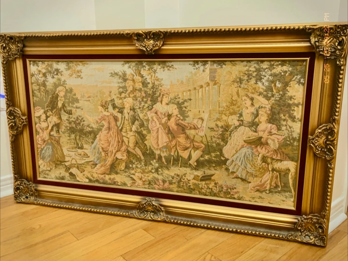 Large Antique-Style Tapestry Wall Hanging in Ornate Gold Frame image indicator(4)