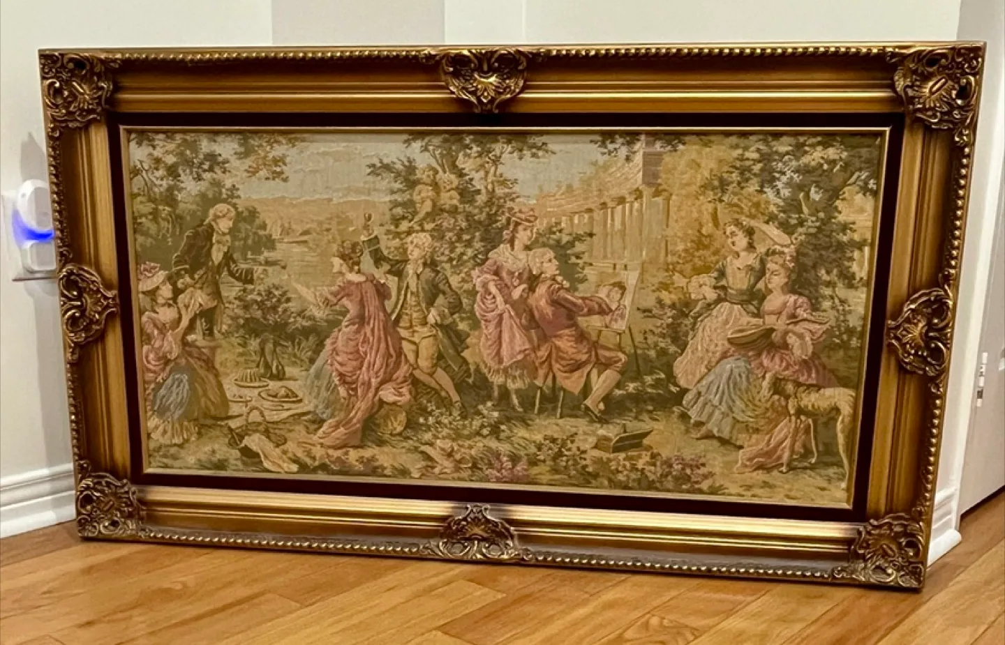 Large Antique-Style Tapestry Wall Hanging in Ornate Gold Frame image indicator(5)
